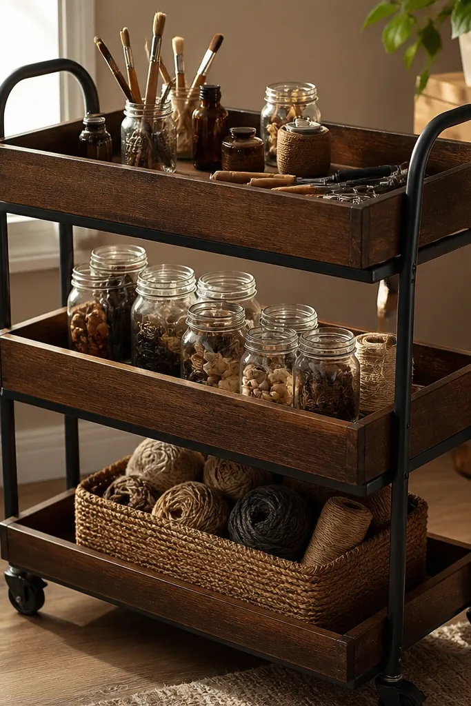 Rolling cart with two trays holding jars, small books, and a folded linen cloth