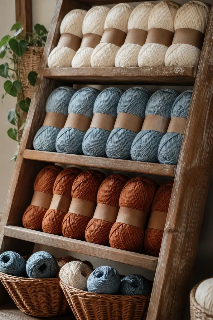 Lean rustic ladder with yarn skeins in baskets and hanging kraft tags