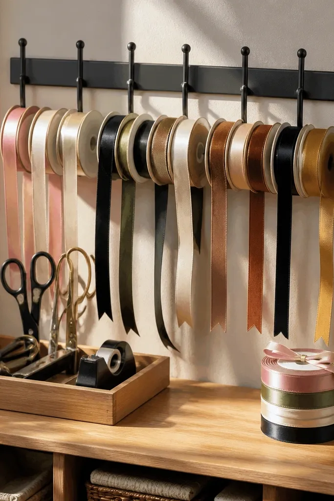 Black peg and small wooden shelf holding ribbon spools and a drop cloth
