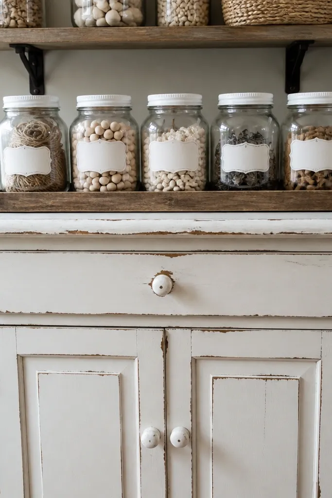 Distressed white cabinet with clear jars on top and small wooden labels