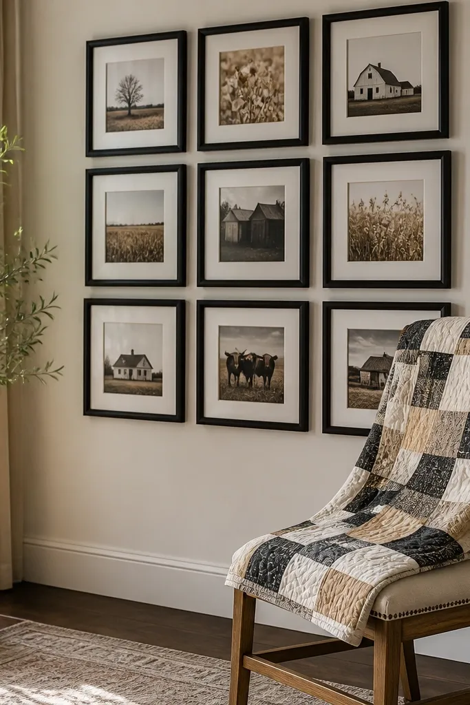Corner wall with black frames and a folded quilt on a chair back