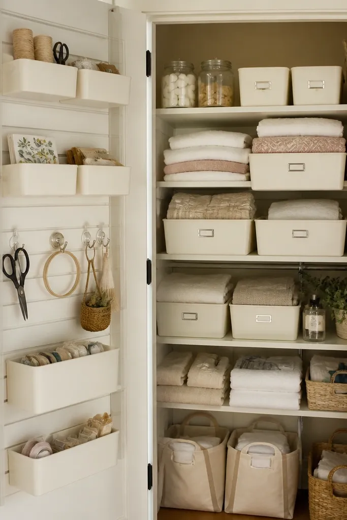 Open closet door with rails holding bins and a small wreath on top