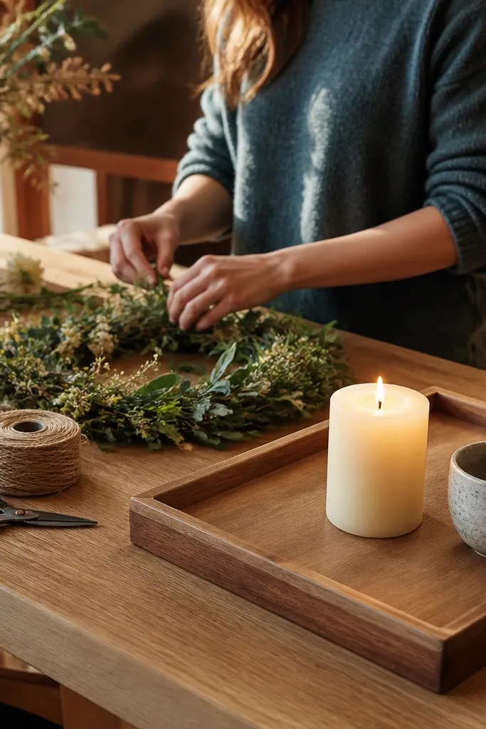 Wood tray on craft table with a candle, small jar, and a linen runner
