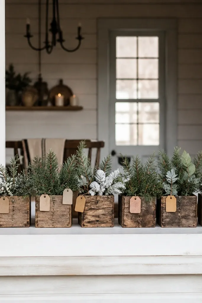 Window sill with small seed-box planters and a simple evergreen arrangement