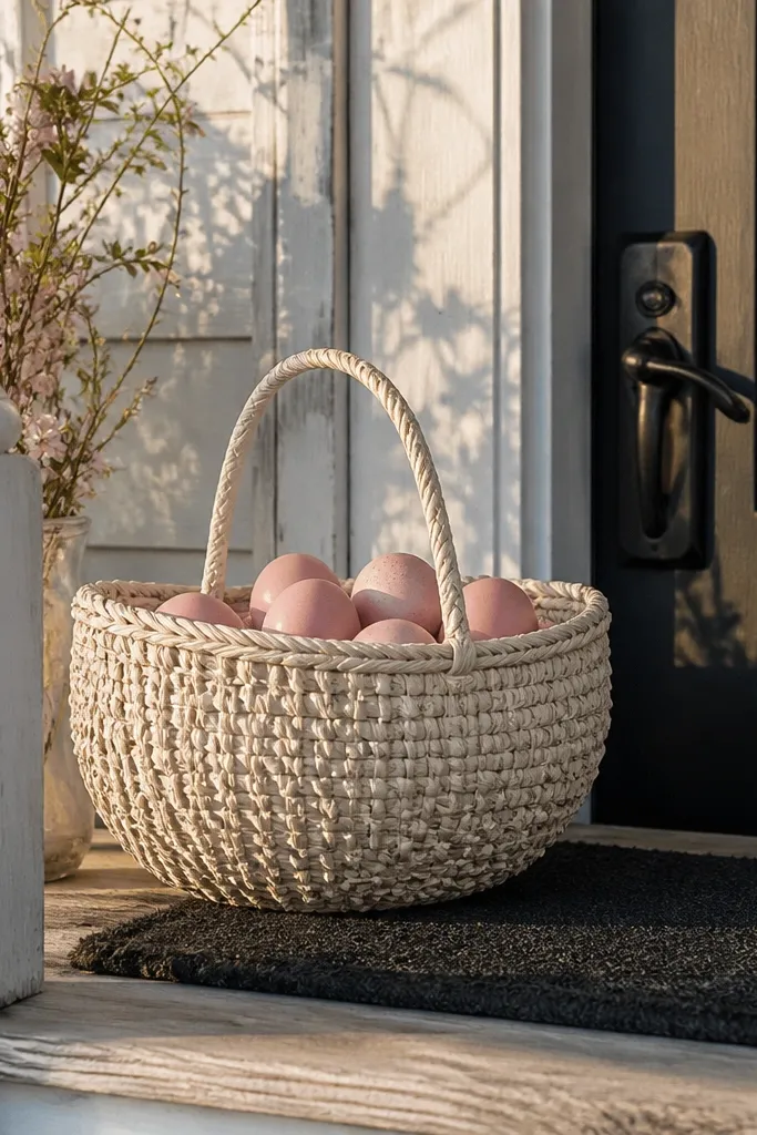 Cream porch bench with a dark doormat and a pink egg basket centerpiece