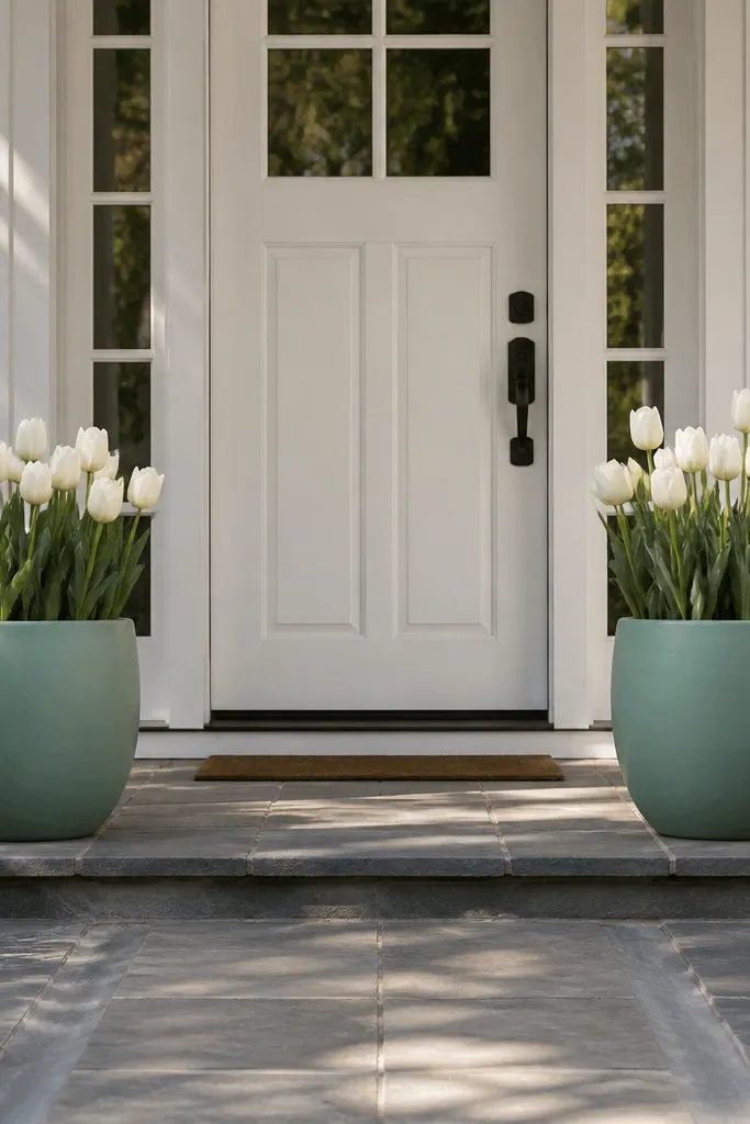 Mint planters with white tulip stems on both sides of a front door