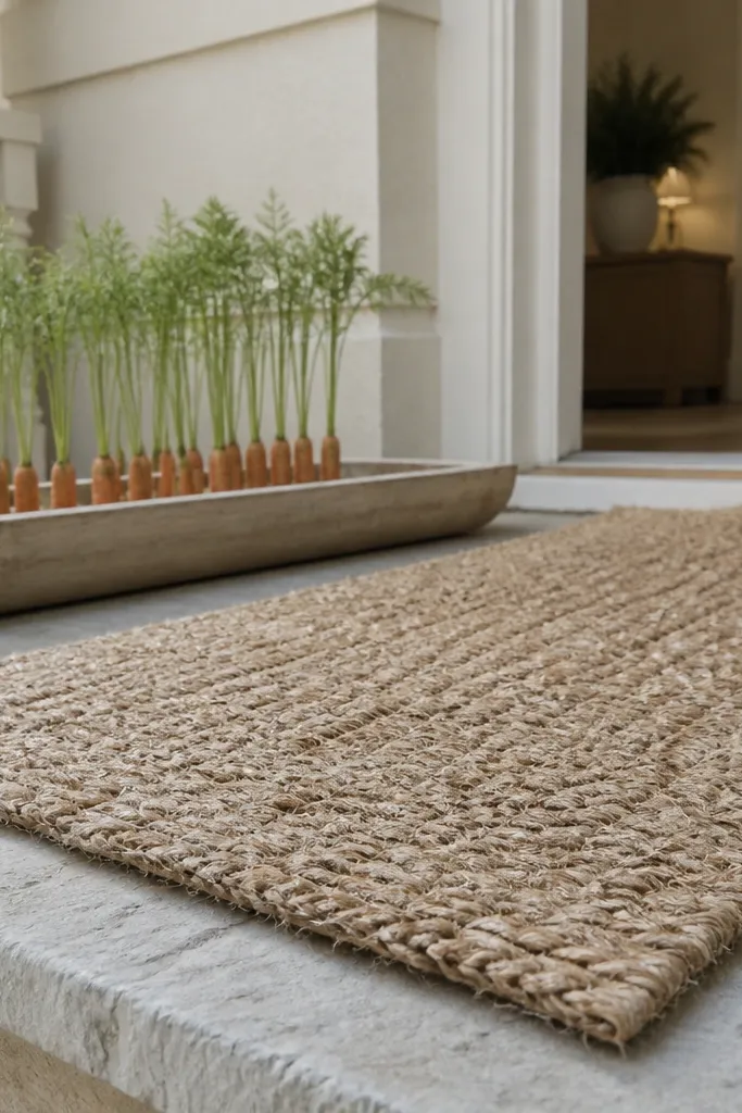 Jute runner on porch with a neutral tray holding carrot-topped greenery