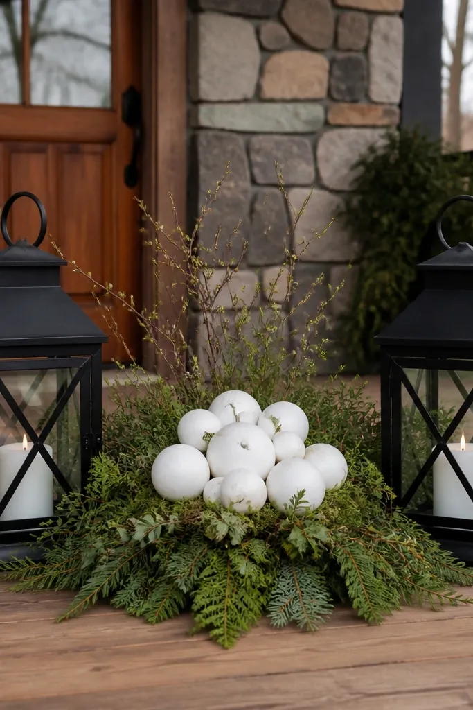 Two black lanterns with white egg orbs and evergreen greenery on a porch