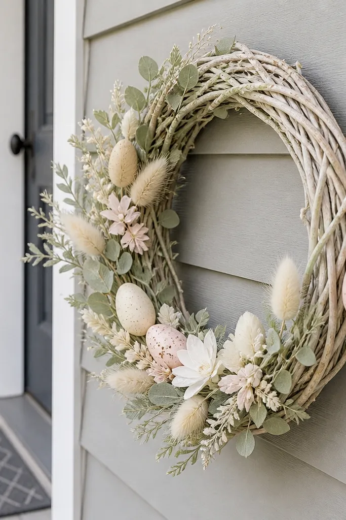 Door wreath with pastel accents and a removable egg charm hook