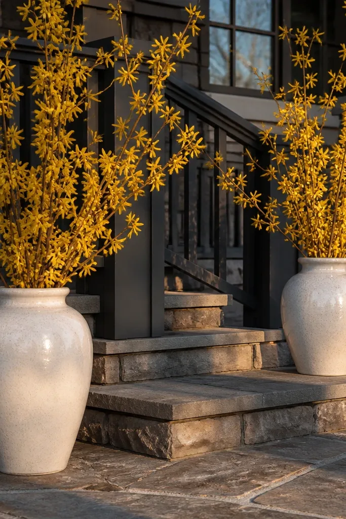 White ceramic urns with yellow faux spring stems on a front porch