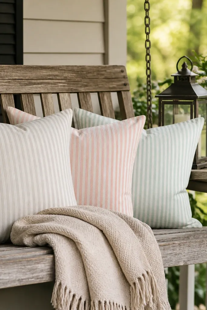 Porch swing with striped pastel outdoor pillows and a neutral throw blanket