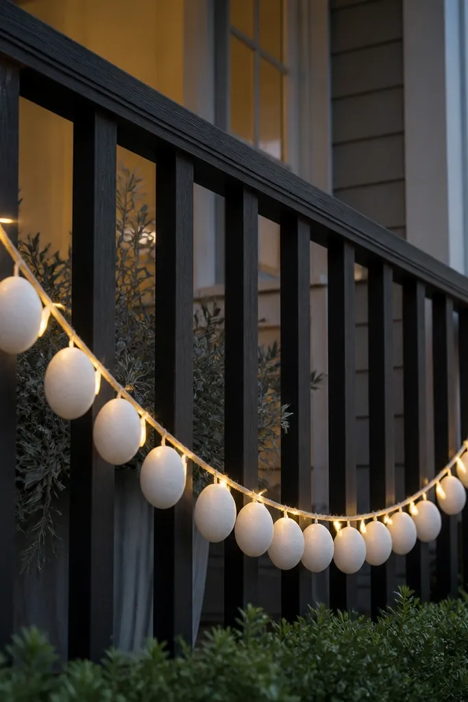 Egg garland hanging on a porch railing with warm white string lights