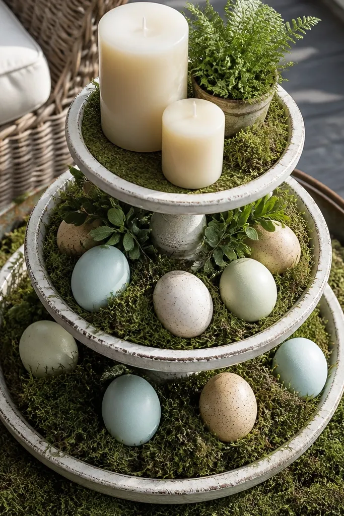 Tiered porch tray with cream candles and a moss base holding eggs