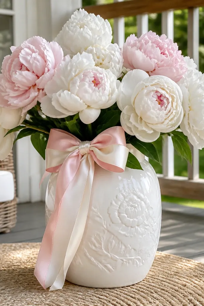Large planter with white peony-like blooms and a pastel ribbon bow on the handle