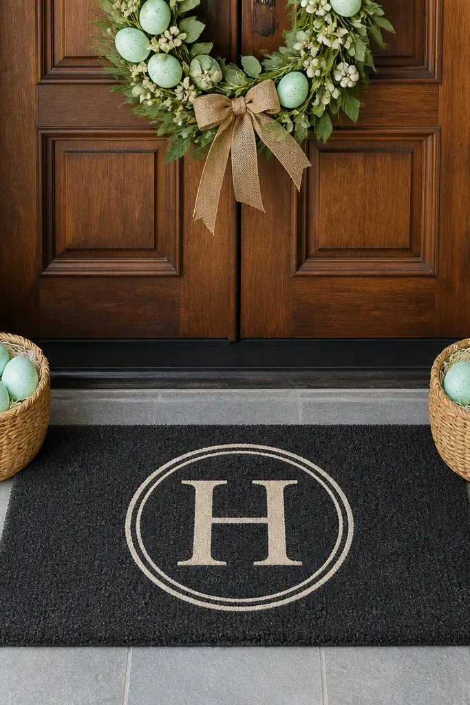 Charcoal monogram door mat with two small baskets of eggs near the entry