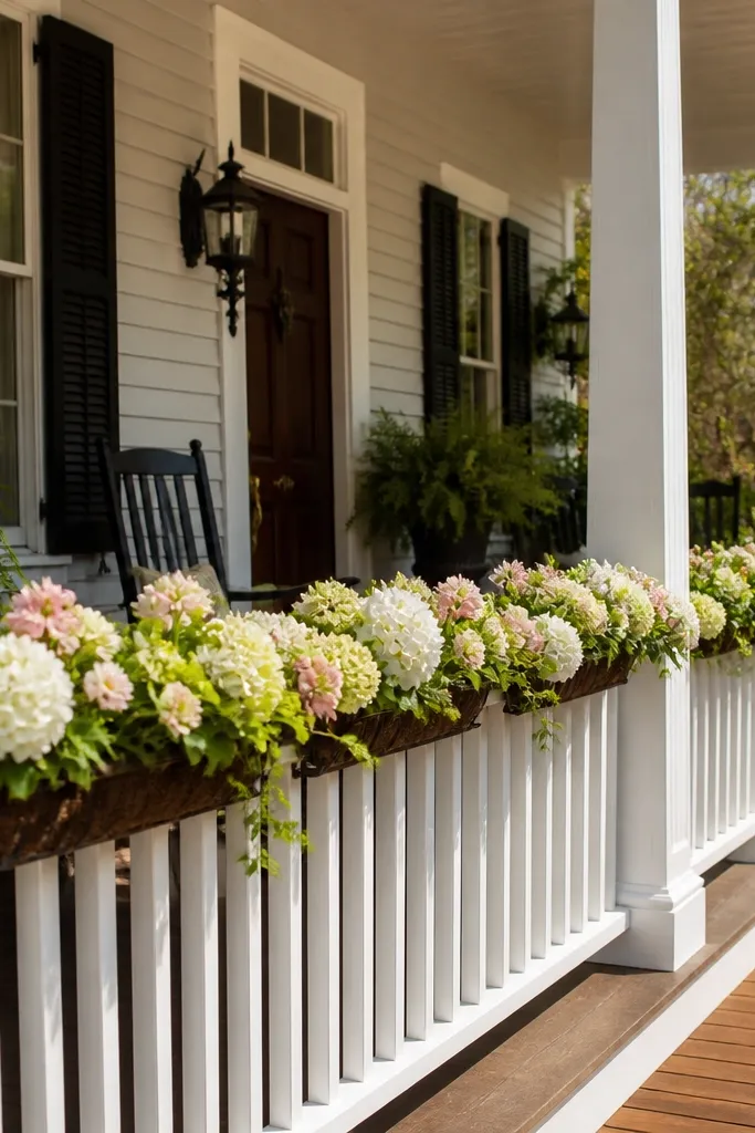Front rail planter filled with pastel flower box inserts and greenery