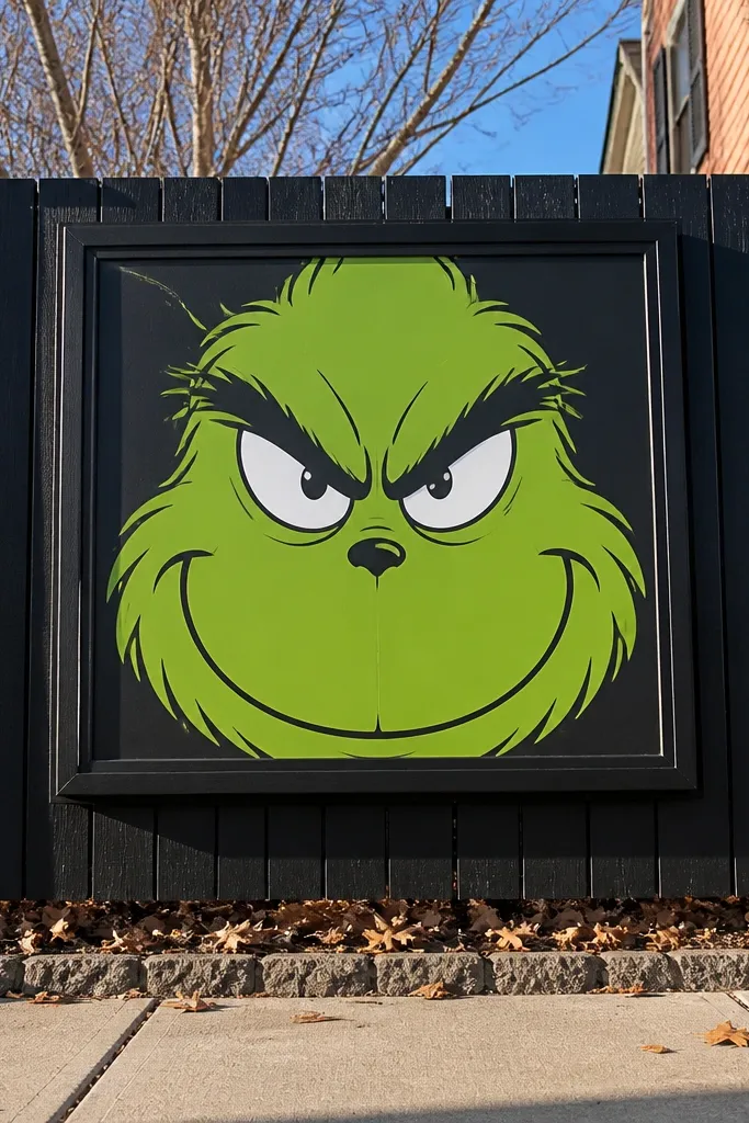 Large green Grinch face on a black rectangular fence frame