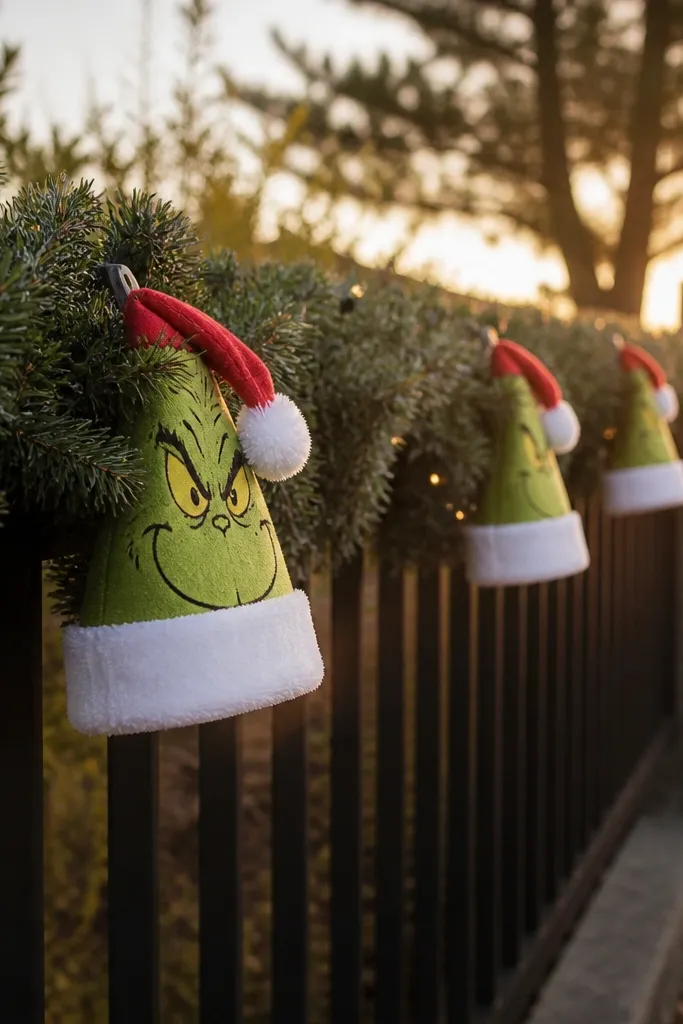 Green Grinch Santa hat clipped along a fence with red faux garland