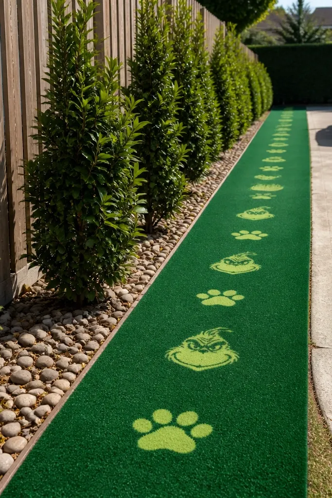 Row of green paw prints and Grinch-style shapes running along a fence