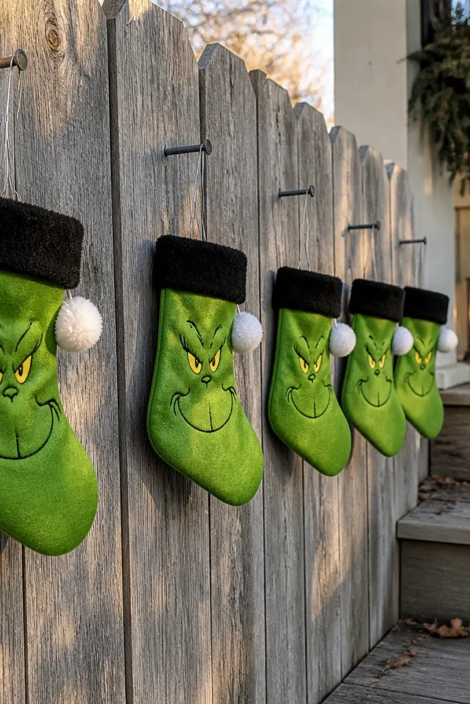 Small green Grinch stocking tags hanging from nails on a fence
