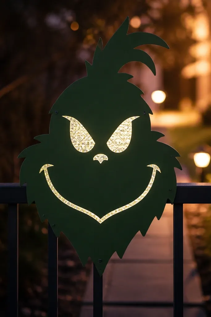 Black Grinch silhouette on fence top rail with reflective white eyes