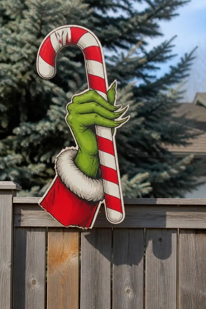Large green hand holding a candy cane on a fence banner