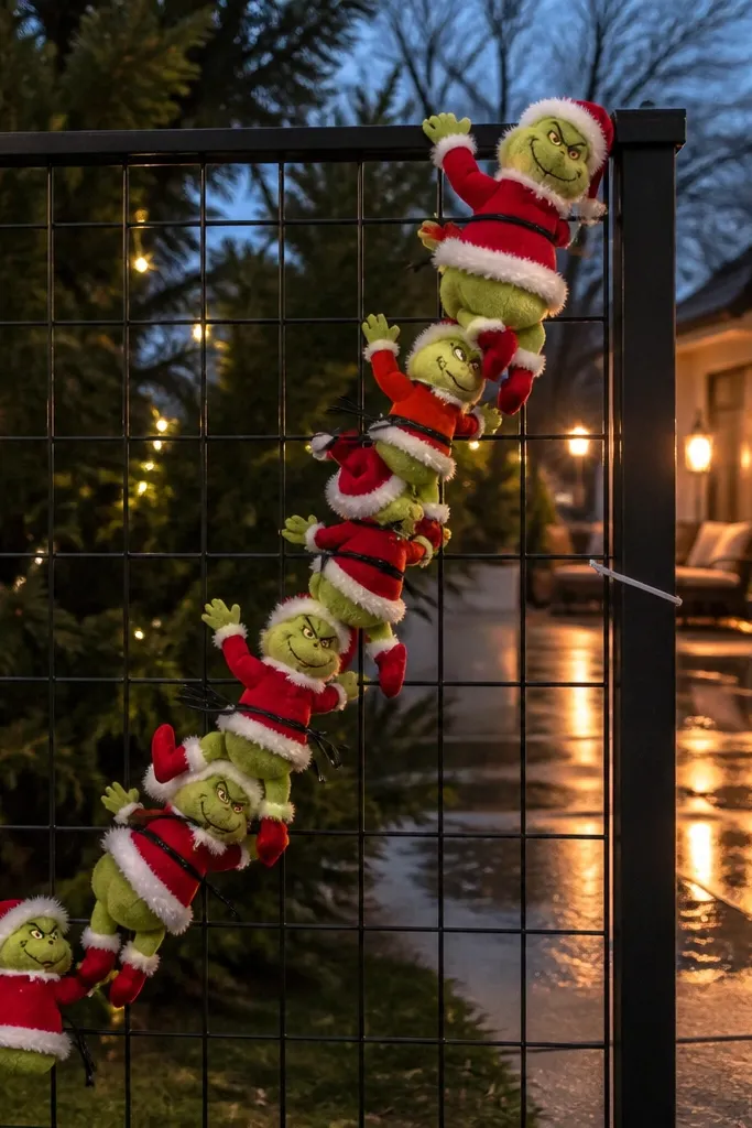Three small green Grinch figures climbing a wire grid fence