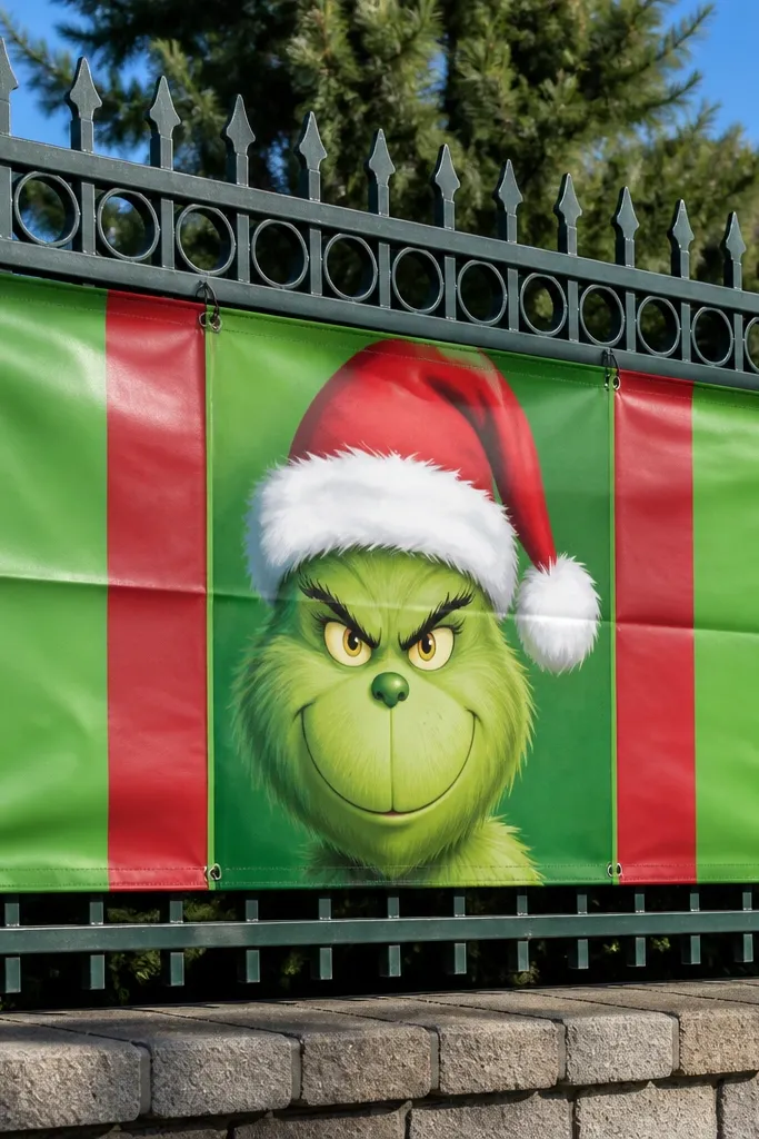 Striped red and green banner with a Grinch face panel on a fence