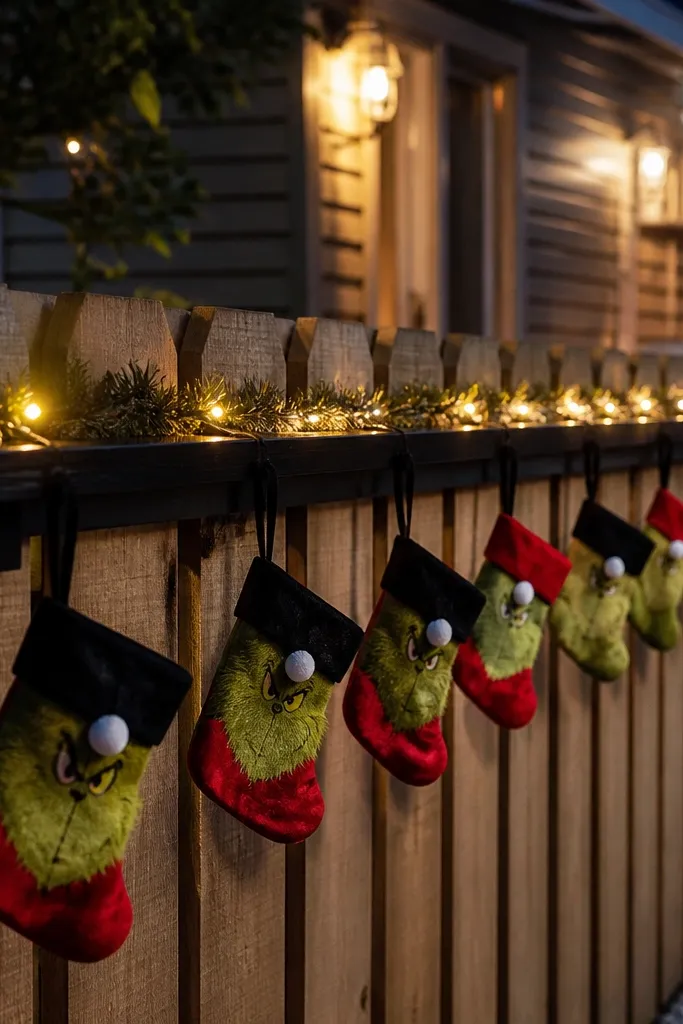 Row of small green stockings on a fence with warm lights behind them