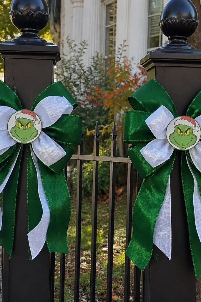 Green and red ribbon bow clusters tied to fence posts with a Grinch tag