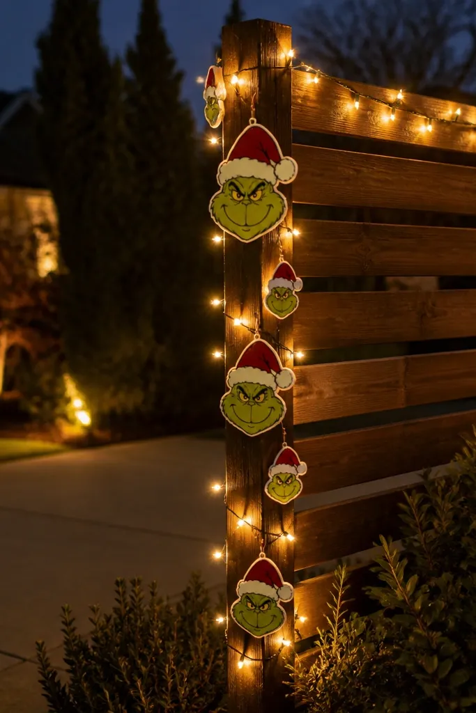Warm string lights with small Grinch face ornaments wrapped around a fence corner