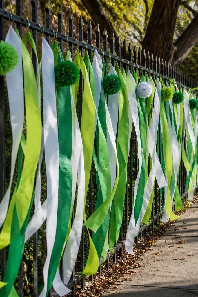 Green and white pom pom streamers drape across a fence with a Grinch-style face tag