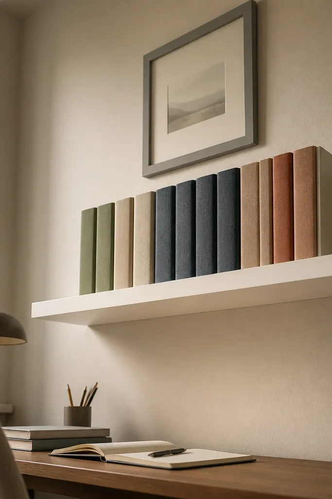 Small floating shelf above a desk with upright books and framed notes