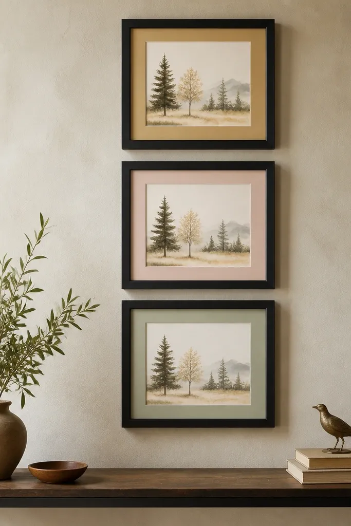 Three tall frames in a vertical line above a small desk