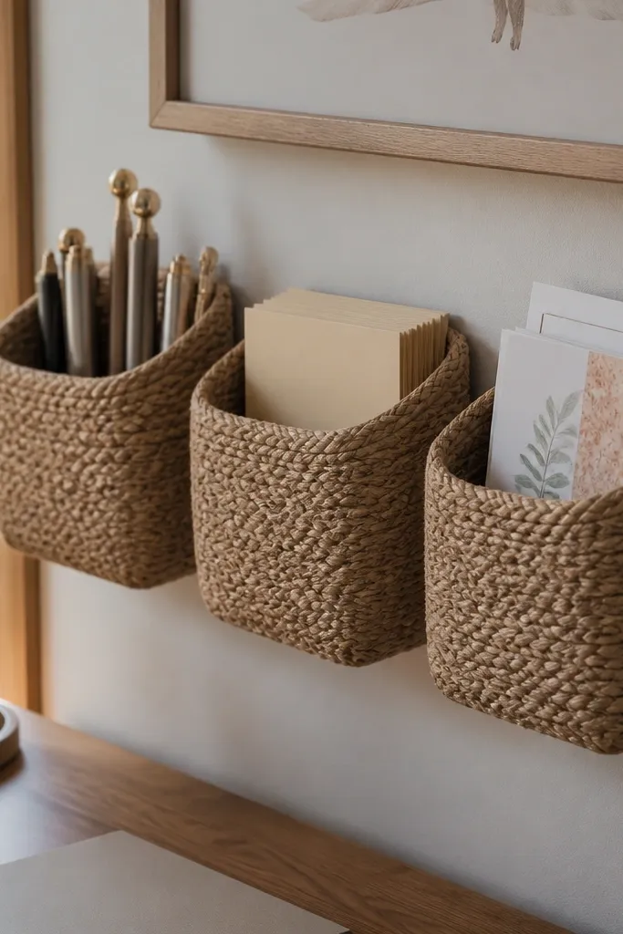 Three woven wall pockets above a desk holding stationery