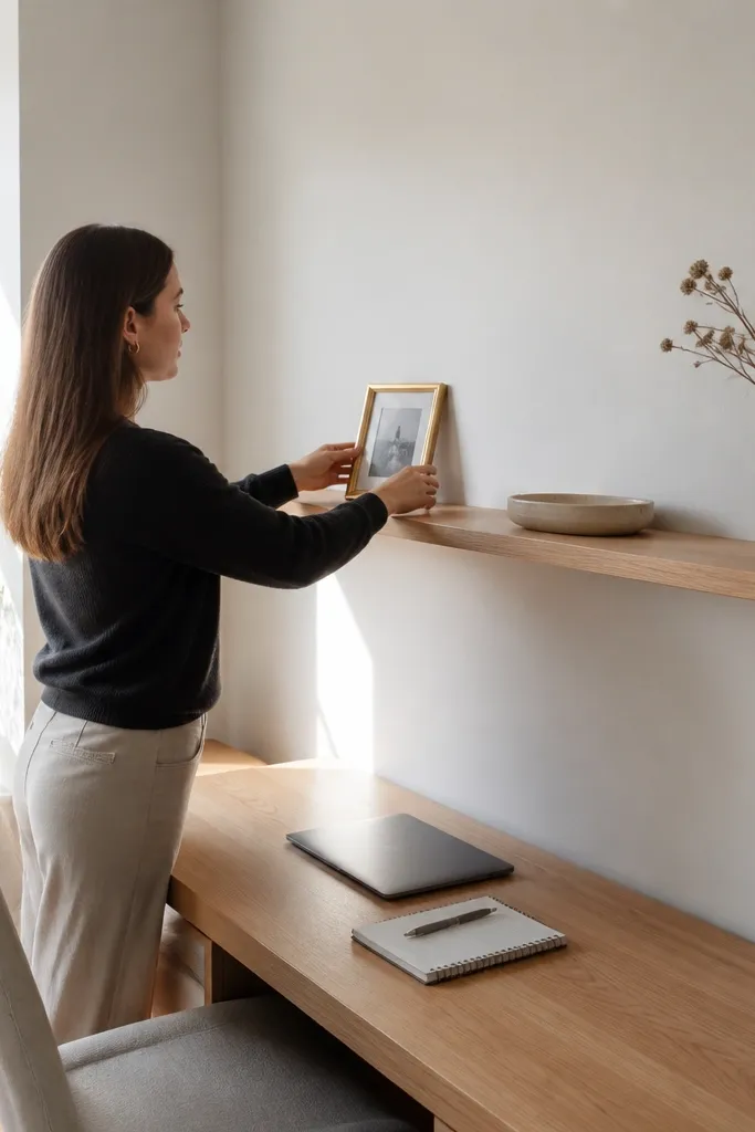 Narrow wall ledge above desk with a row of small decor objects