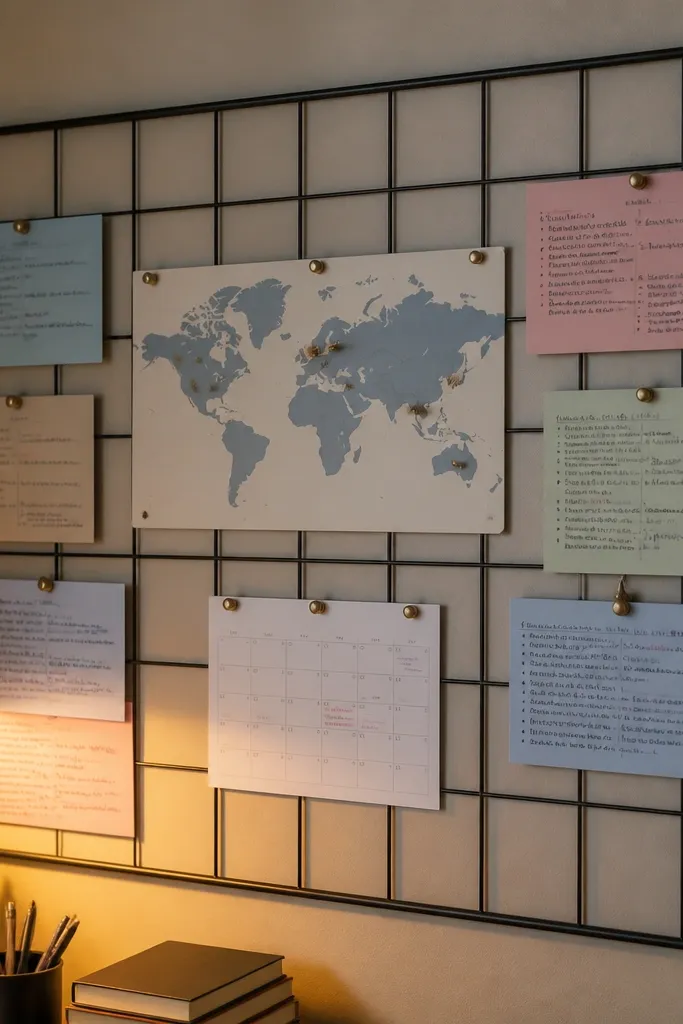 Matte black peg grid above desk with a small pin map