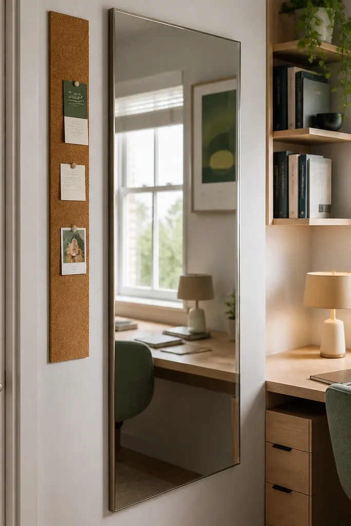 Small mirror above desk with a narrow cork strip for notes