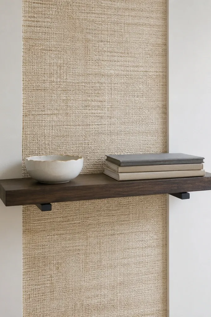 Small textured wallpaper area behind a wall shelf above a desk