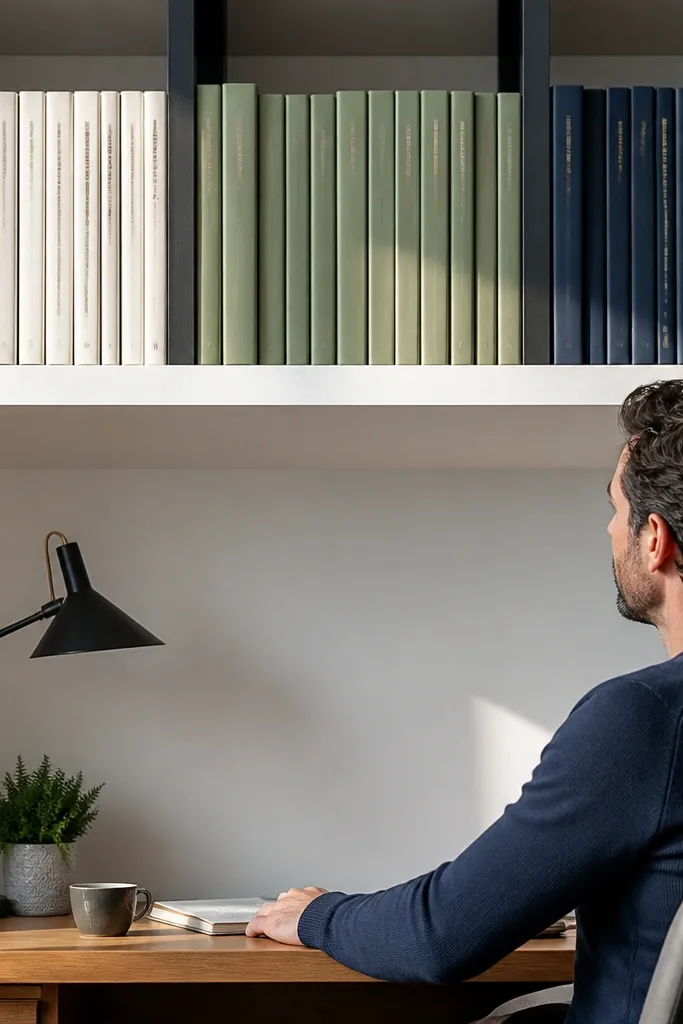 Wall book ledge with vertical dividers and two-tone styling