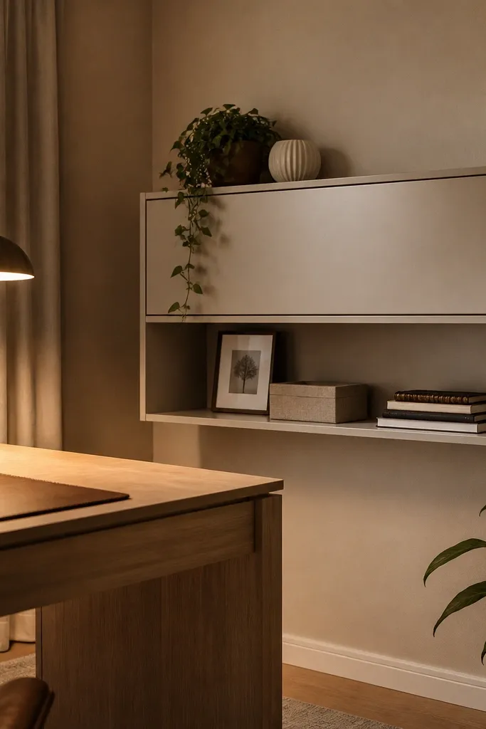 Slim floating cabinet with open cubby above desk and neatly arranged items