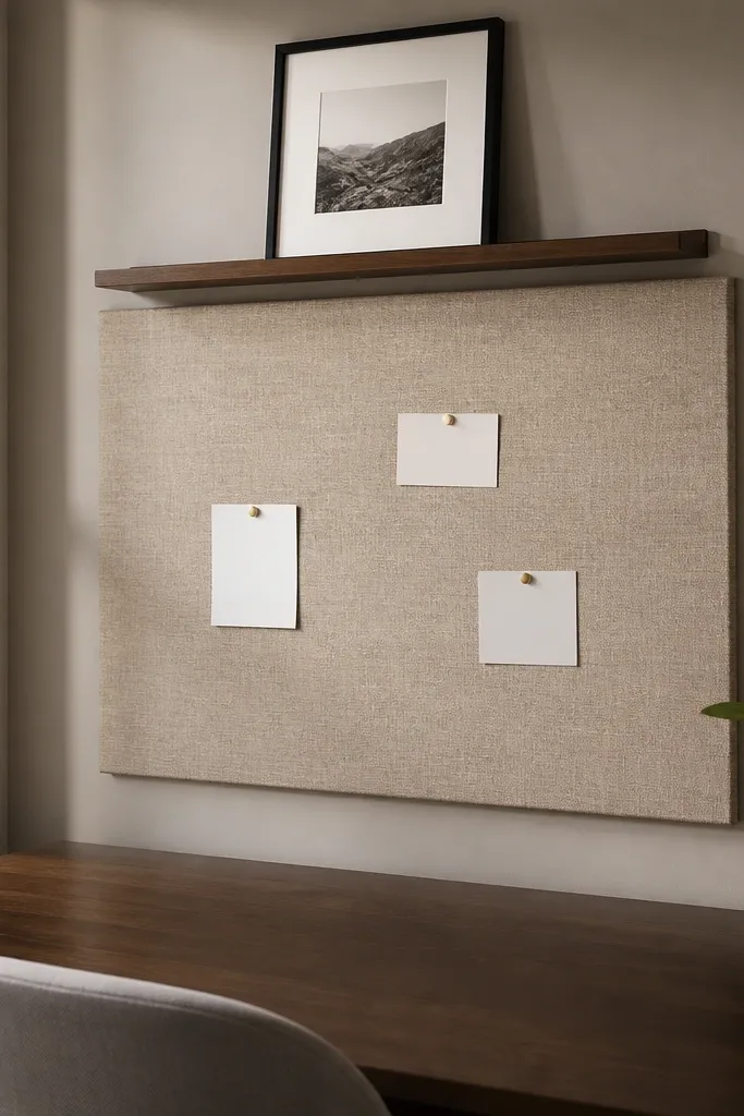 Linen-covered bulletin board with a small picture ledge above desk