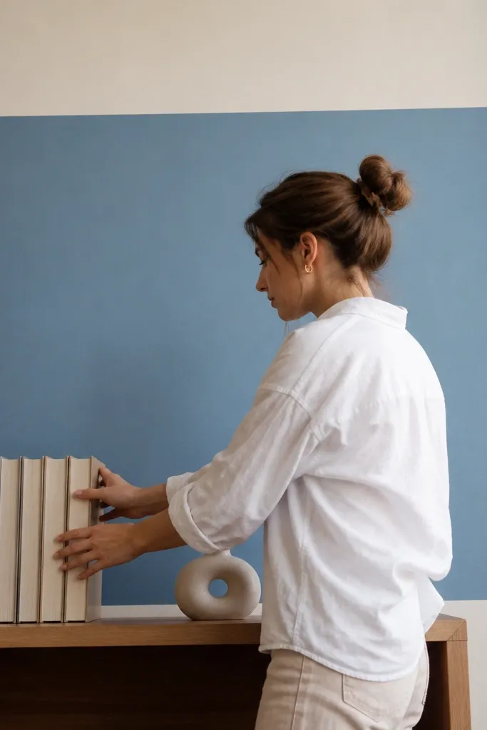 Soft color-block decals behind a narrow shelf above a study desk