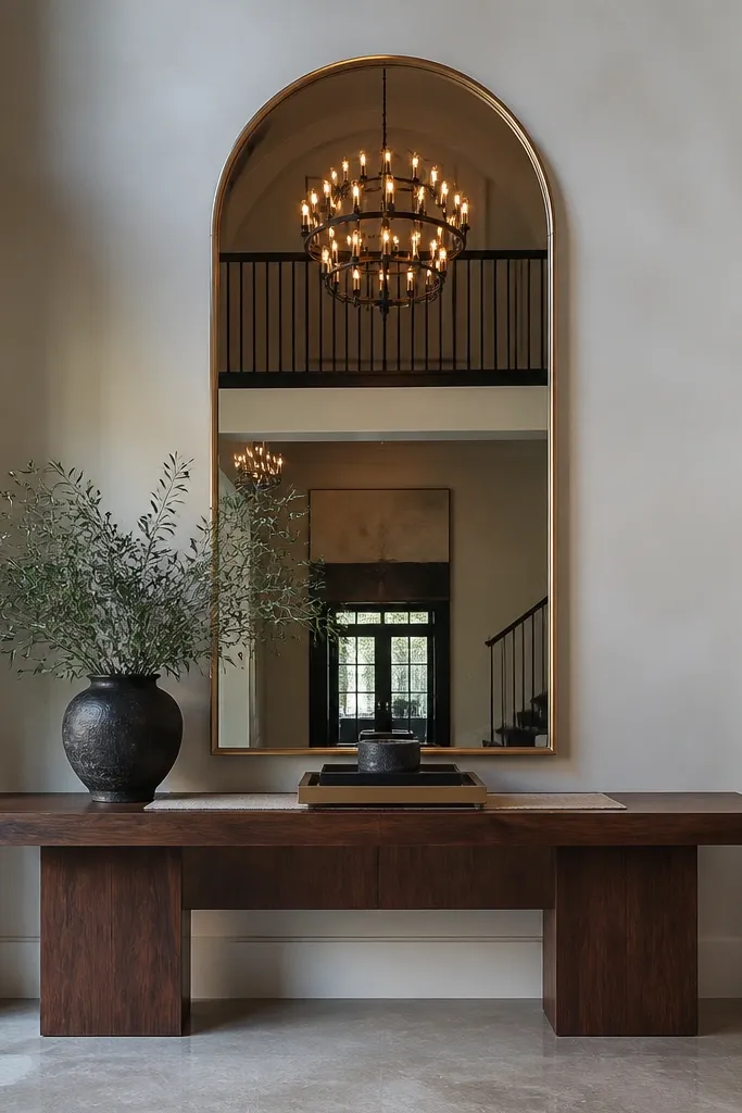 Warm wood console with a tall arched mirror, brass accents, and a neutral runner