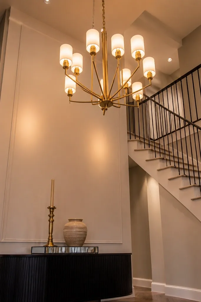 Brass chandelier hanging above a console with soft warm light and greenery