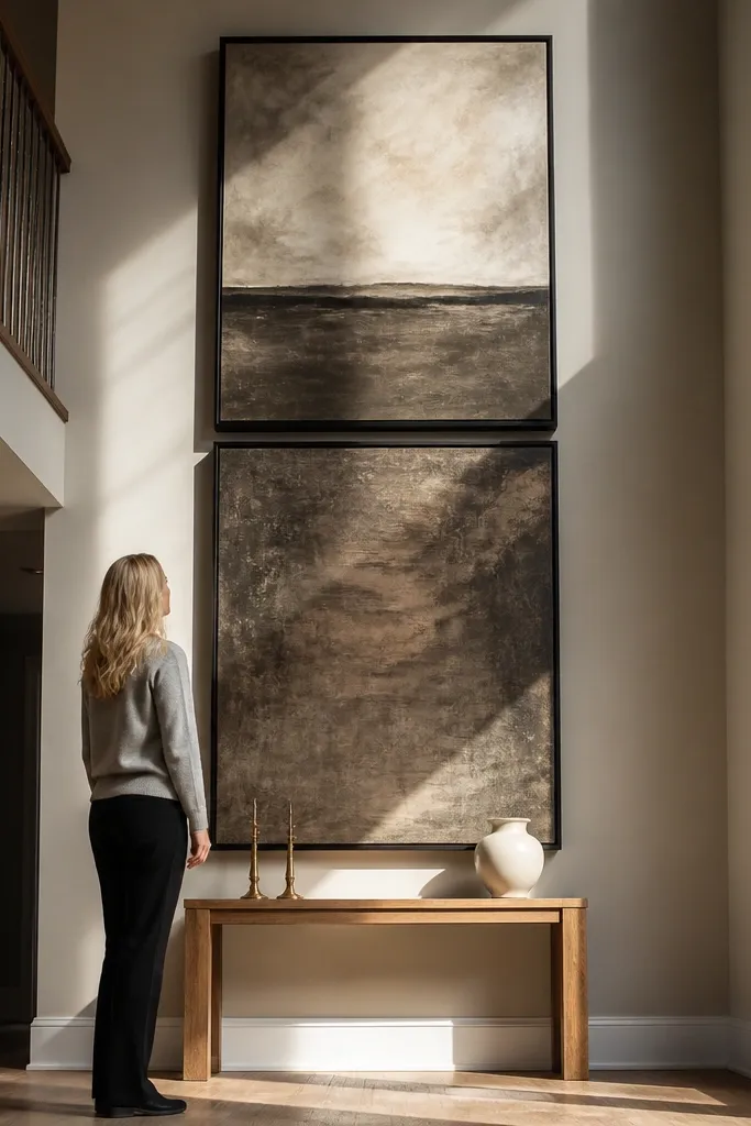 Two large framed abstract panels above a console with warm neutral decor