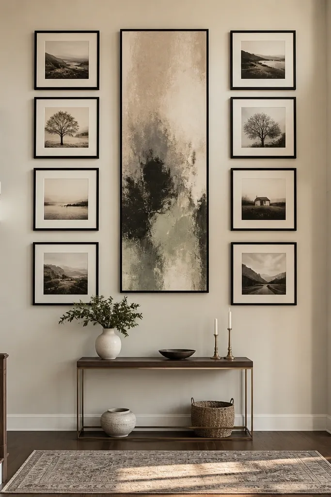 Gallery wall of matching frames with a tall center print above a console