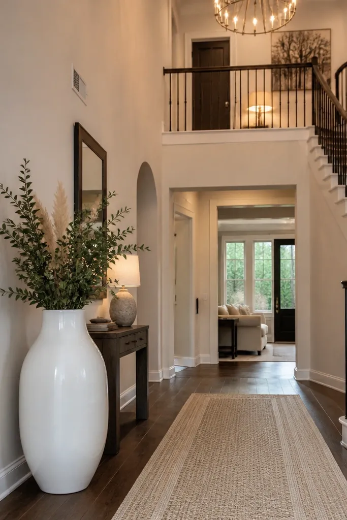 Tall white floor vase with green stems beside a console and neutral runner