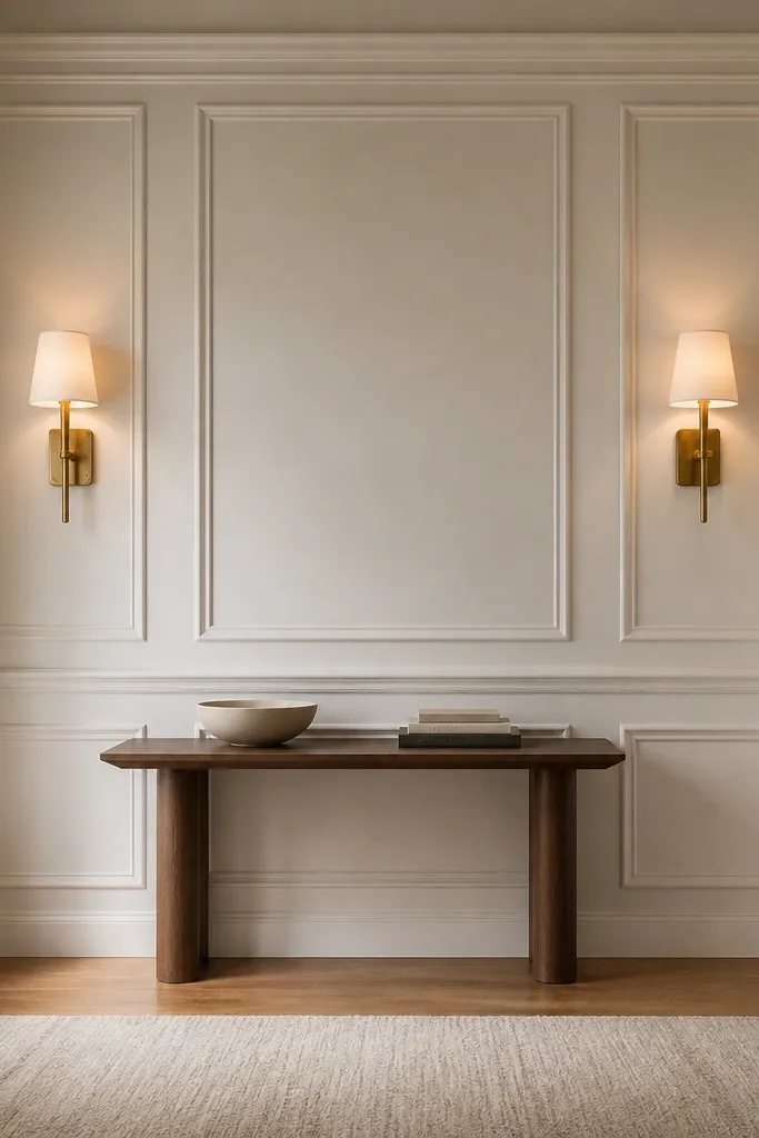 Warm wall with faux molding, brass sconces, and a console with ceramics