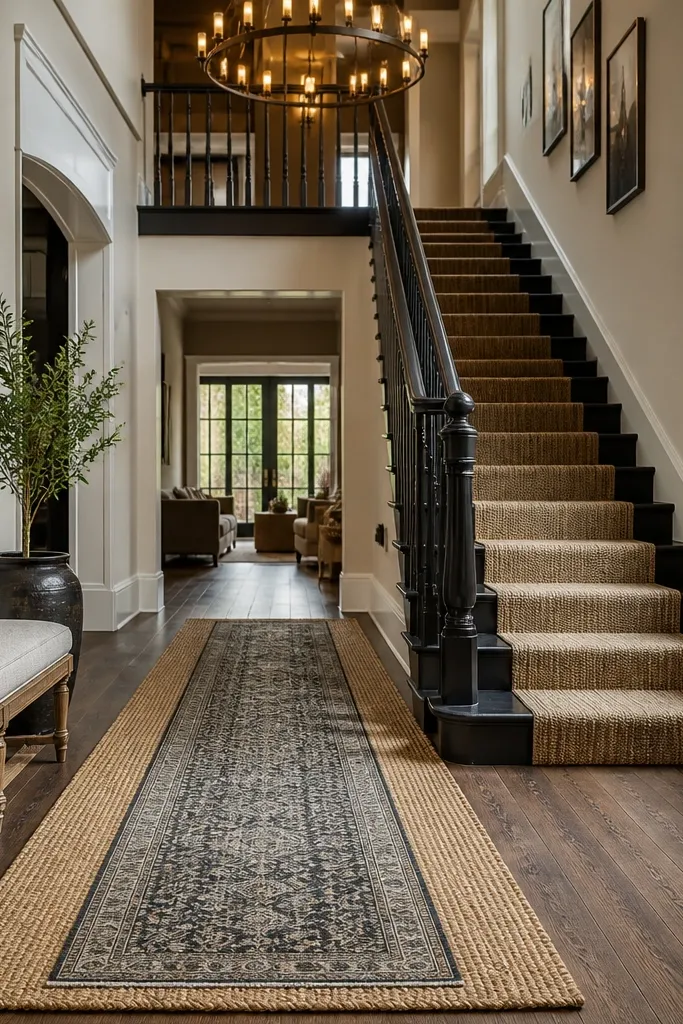 Neutral runner layered with a textured rug and a low entry bench under artwork